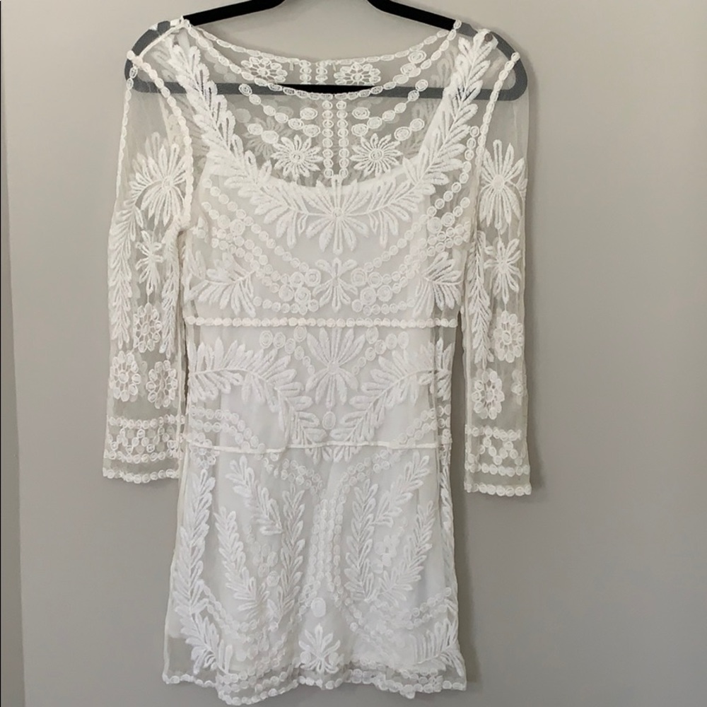 Womens White Lace Sheer Overlay Dress